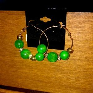 Beautiful Gold Hoops with Green, Gold, & Crystal Beads.